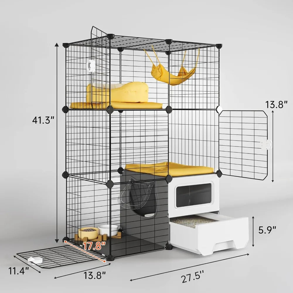 Oneluck Cat Cage Indoor with Litter Box 3-Tier DIY Cat Playpen Detachable Metal Wire Kennel Crate Large Exercise Place Ideal for
