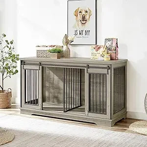 XXL Wooden Dog Crate Furniture with Sliding Barn Door, 60.6" Indoor Kennel with Divider, Modern TV Stand for Large Dog or 2 Medi