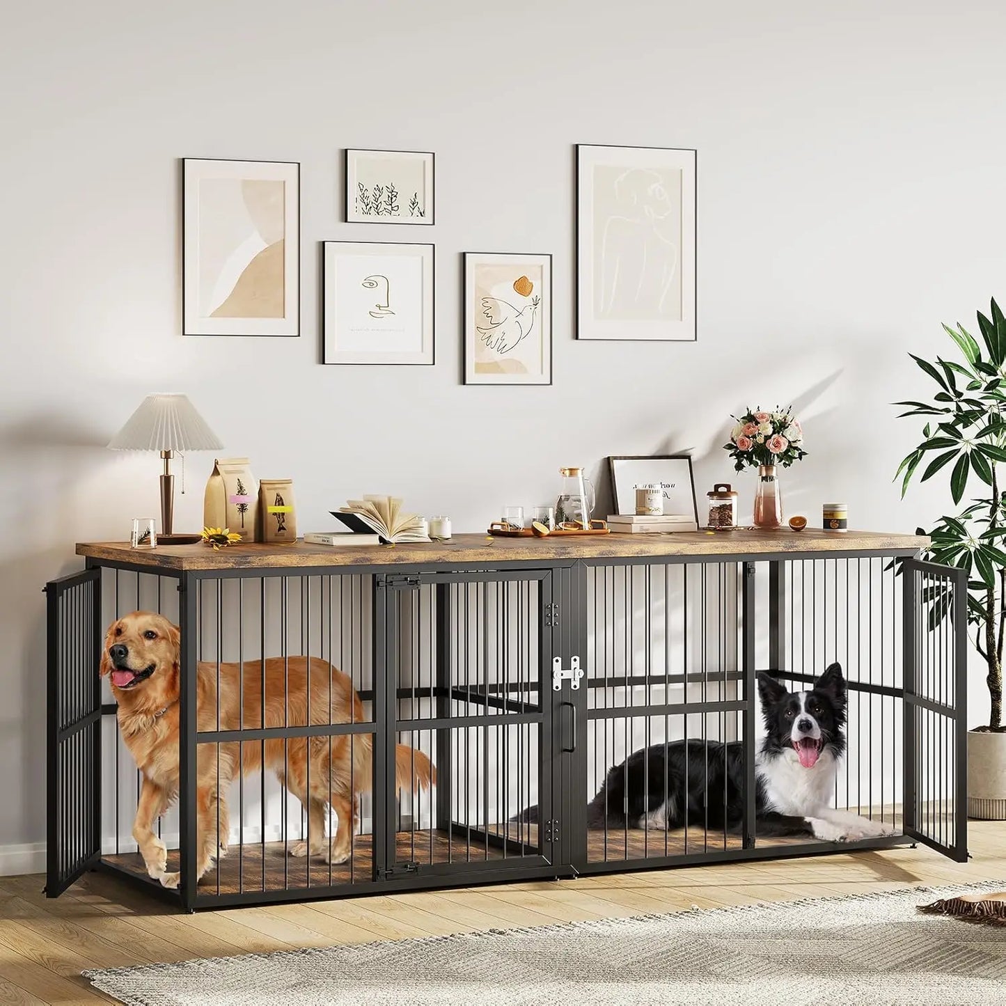 87" Extra Large 3 Lockable Doors Double Dog Crate Furniture With Divider Heavy Duty Wooden TV Stand Kennel For 2 Dogs
