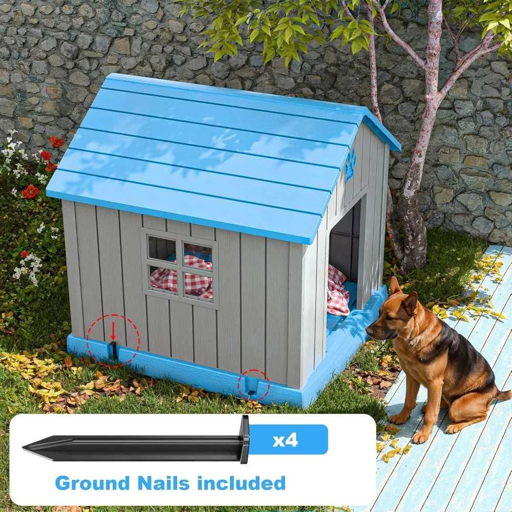 Indoor Outdoor Dog House Kennel, Peaked Deck Design, Waterproof and Warm Shelter for Dogs, Grey Blue Color