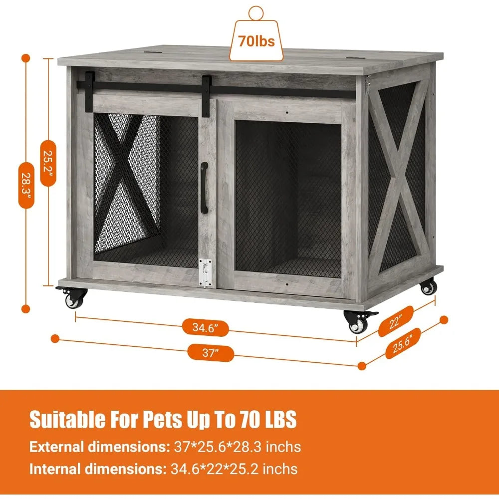 Dog Crate Furniture with Flip Top, 37" Dog Cage Furniture with Sliding Barn Door, Wheels and Removable Divider, Furniture Style