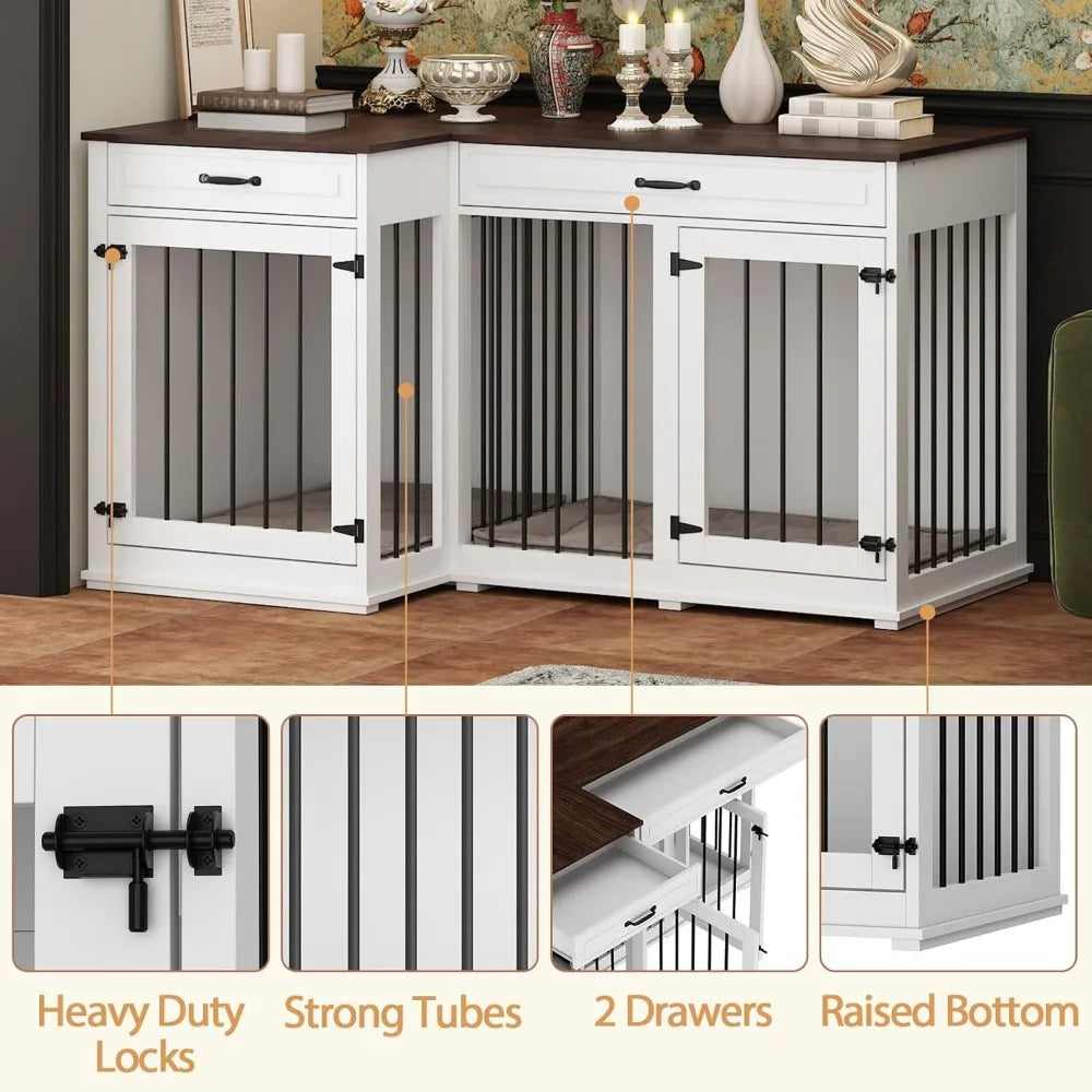 large corner dog crate furniture for 2 dogs, 59" indoor wooden furniture style dog kennel house with double rooms, drawers & rem