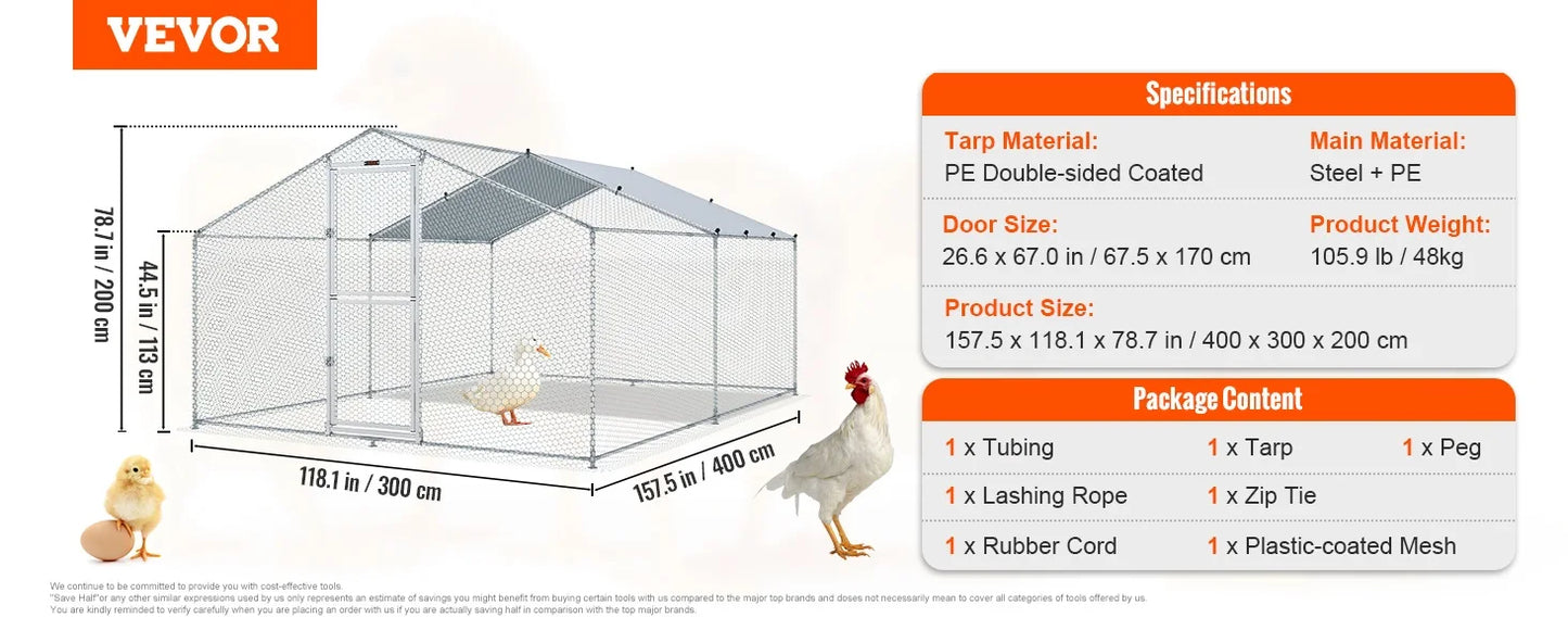 Large Metal Chicken Coop with Run, Walkin Poultry Cage for Yard with Waterproof Cover, 13.1 x 9.8 x 6.4 ft Dome Roof for Hen