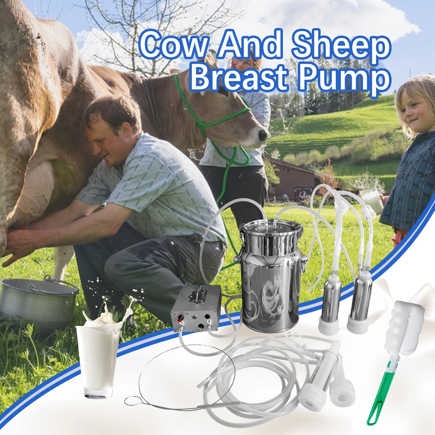 Cow Milker Machine Electric Goat Milk Machine Adjustable Pulsation Vacuum Milker 7L Bucket,Tube,Milking Supplies for Homes Farms