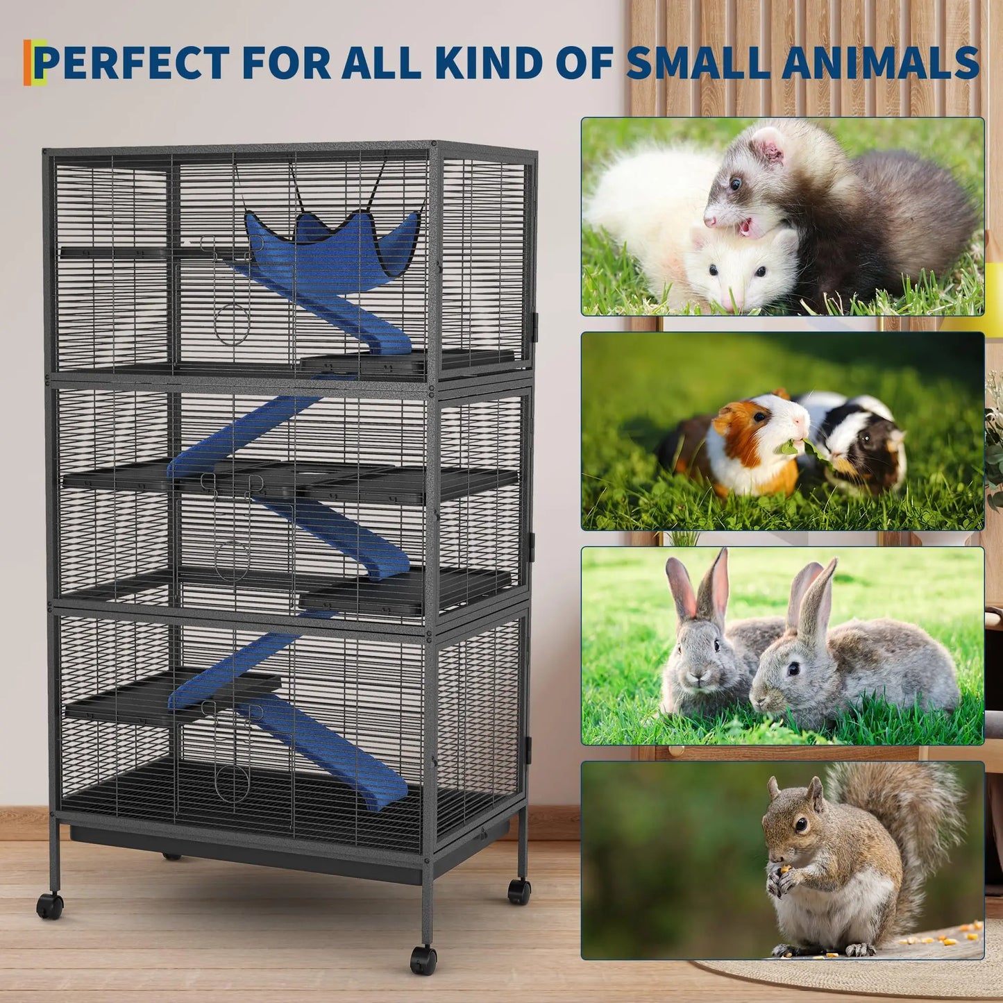 Metal Small Animal Cages, 58" h Large Ferret Nation Cage with Hammock, 7 Removable Platforms for Sugar Glider, Guinea Pigs