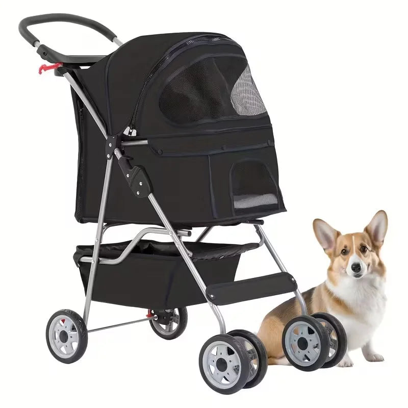 4 Wheels Dog Stroller,Pet Stroller Folding Carrier Waterproof Puppy with Cup Holder & Removable Liner for Small Medium Dogs Cats