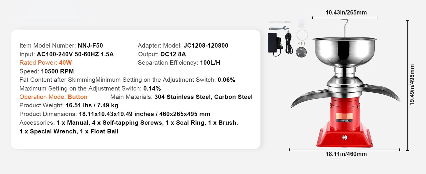SucceBuy 304 Stainless Steel Electric Cream Separators 100L/H Output 10500RPM Goat Milk Separator 30W 5L Bowl Capacity 100-240V