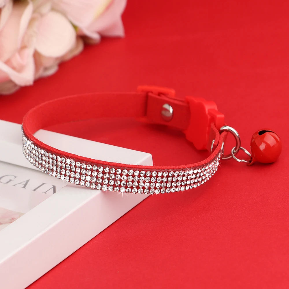Rhinestone Bling Soft Pink Suede Cat Collar with Bell Safety Breakaway Buckle Adjustable XS/S Sizes for Kitten
