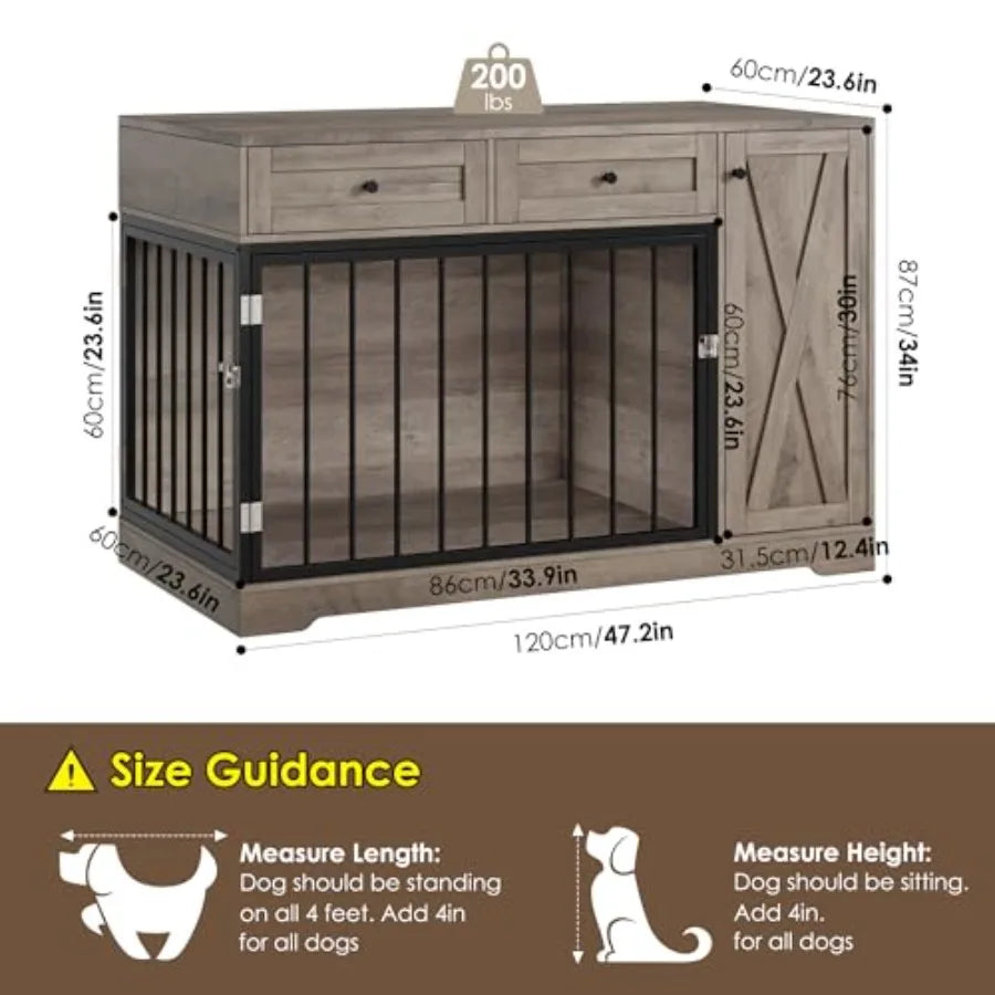 Farmhouse Dog Crate Furniture 47W x 34H Wooden Indoor Dog Cage with 2 Drawers and Storage Cabinet Rustic Style for Small and Me