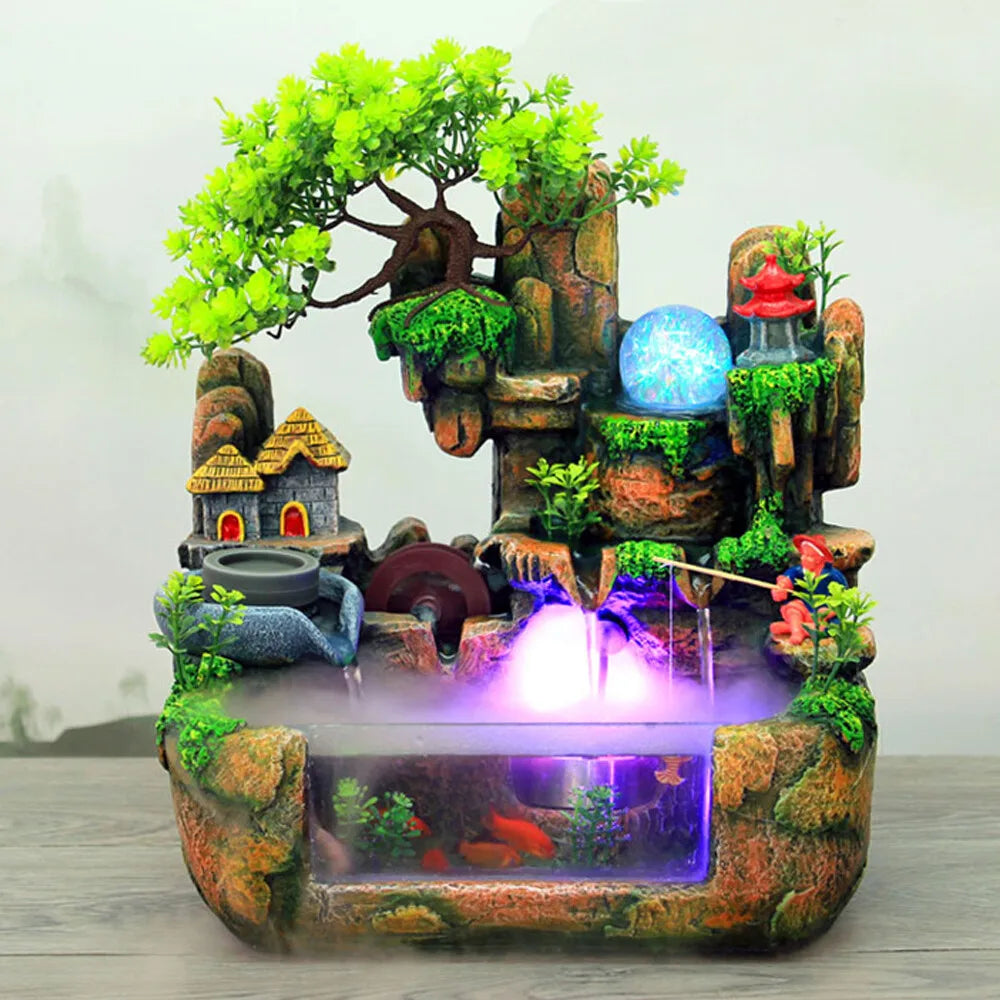 Indoor LED Water Fountain With Mist Resin Rockery Waterfall