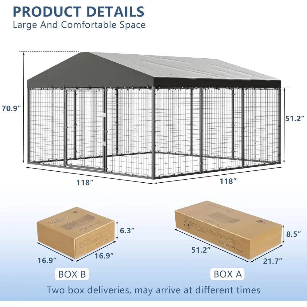 Large 10x10x6 FT Outdoor Dog Kennel with Heavy Duty Construction, Double Locks, and UV-Protected Waterproof Roof