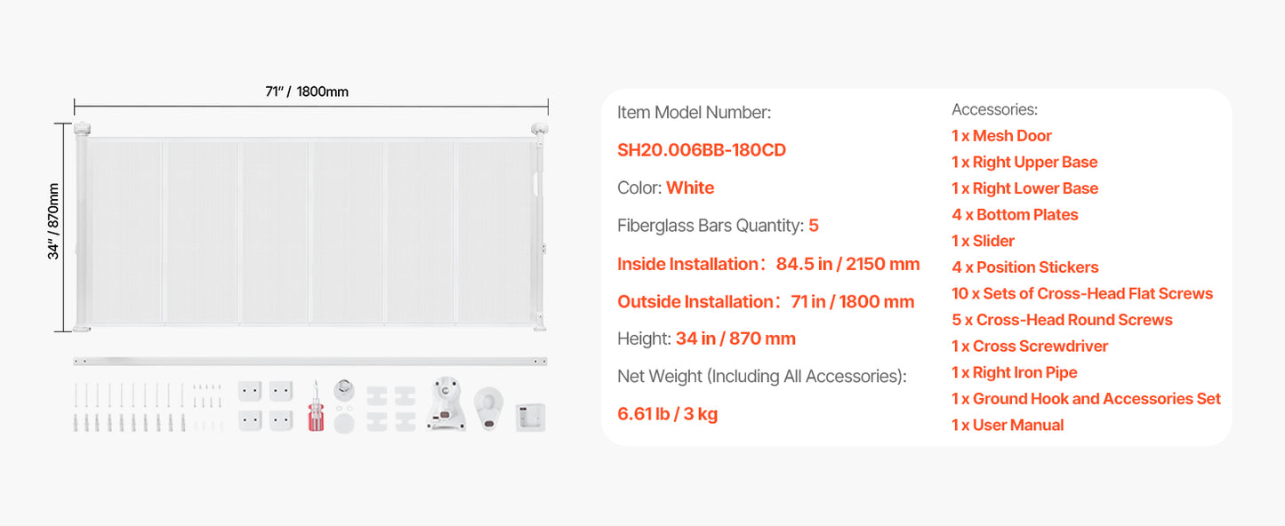 SucceBuy 55/71/110in Retractable Baby Gate 34in Tall Extends Wide Retractable Gate for Kids Pets Mesh Material Easy to Install
