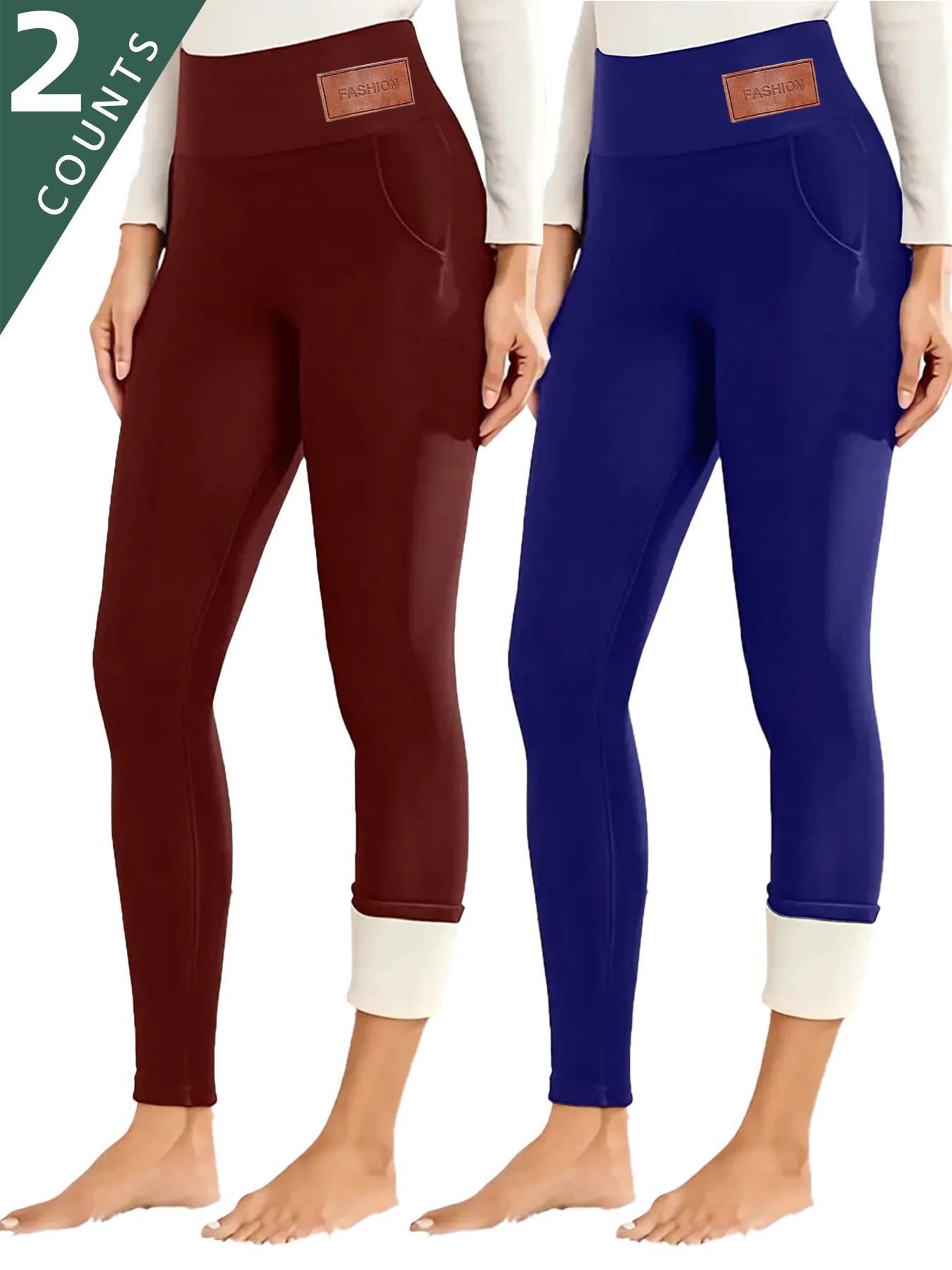 2-Pack Women's Thermal Fleece Leggings (Red & Blue) High Waist Tummy Control Yoga Pants,Fleece-Lined Thermal Leggings for Yoga