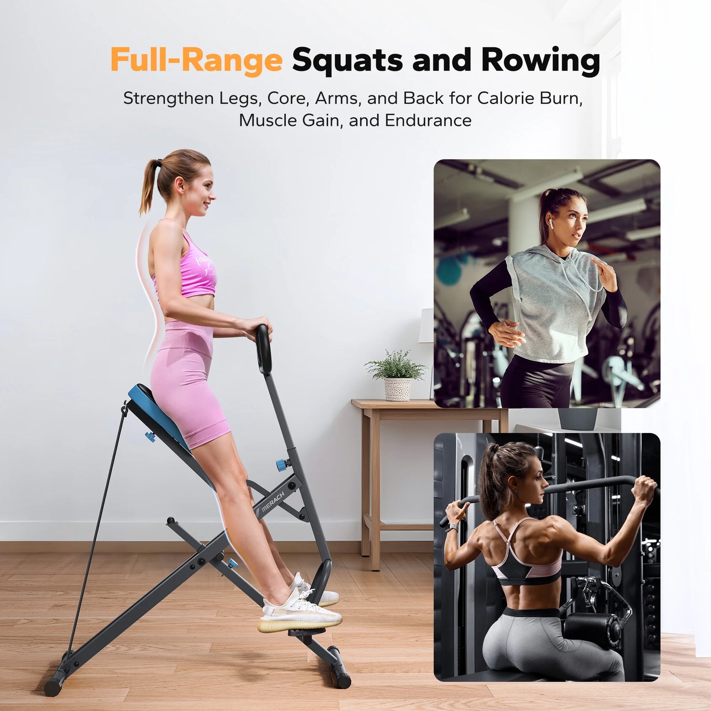 MERACH Squat Machine 2in1 Squat Rowing Machine Easy Setup Foldable Exercise Equipment Glute Trainer Machine Glutes Leg Home Fit