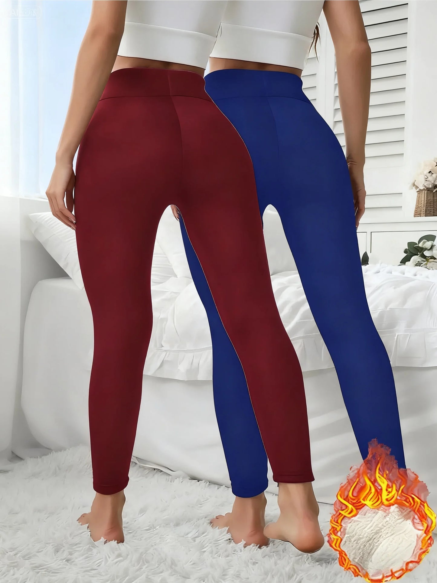 2-Pack Women's Thermal Fleece Leggings (Red & Blue) High Waist Tummy Control Yoga Pants,Fleece-Lined Thermal Leggings for Yoga
