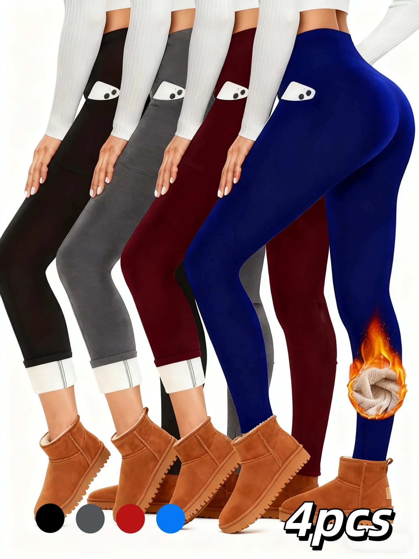 4-piece Women's Fleece Pants，Women's Solid Color High Waist Leggings, Fitness Leggings Soft Yoga Pants，Women's Leggings