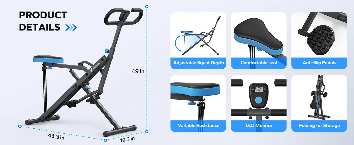 MERACH Squat Machine 2in1 Squat Rowing Machine Easy Setup Foldable Exercise Equipment Glute Trainer Machine Glutes Leg Home Fit