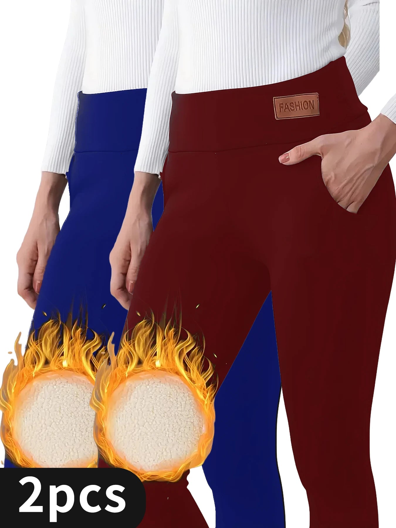 2-Pack Women's Thermal Fleece Leggings (Red & Blue) High Waist Tummy Control Yoga Pants,Fleece-Lined Thermal Leggings for Yoga