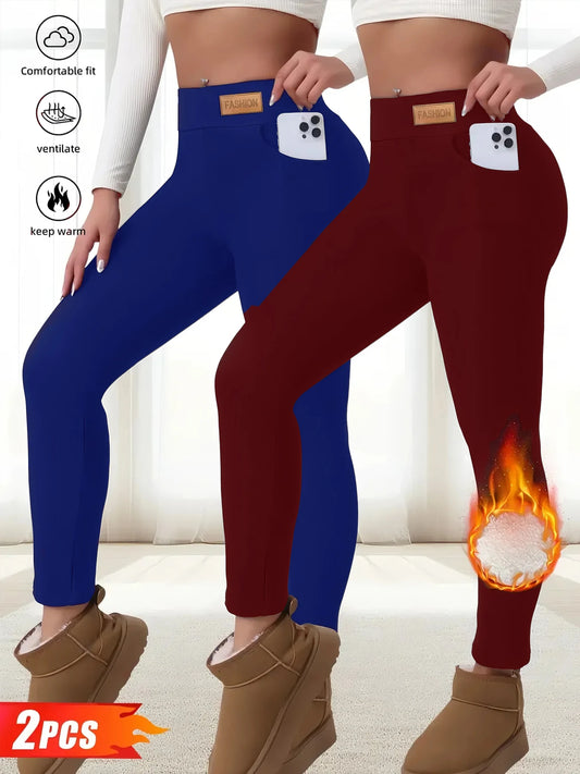 2-Pack Women's Thermal Fleece Leggings (Red & Blue) High Waist Tummy Control Yoga Pants,Fleece-Lined Thermal Leggings for Yoga