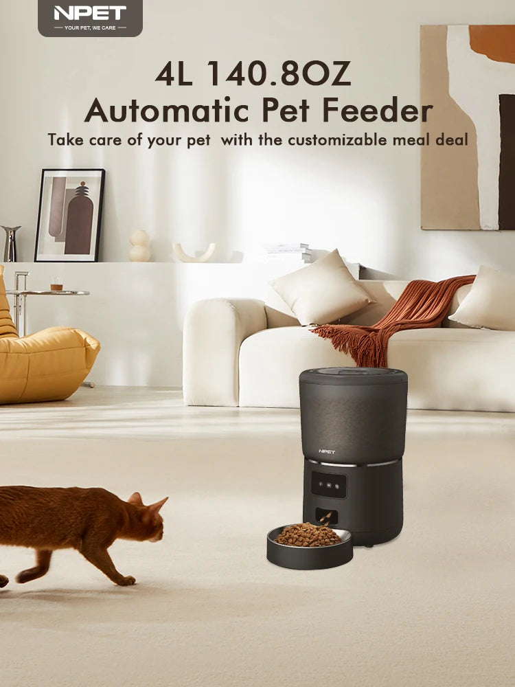 NPET 4L Automatic smart pet feeder for cats dogs multiple pets with stainless steel bowl Customize healthy food 1-9 portions