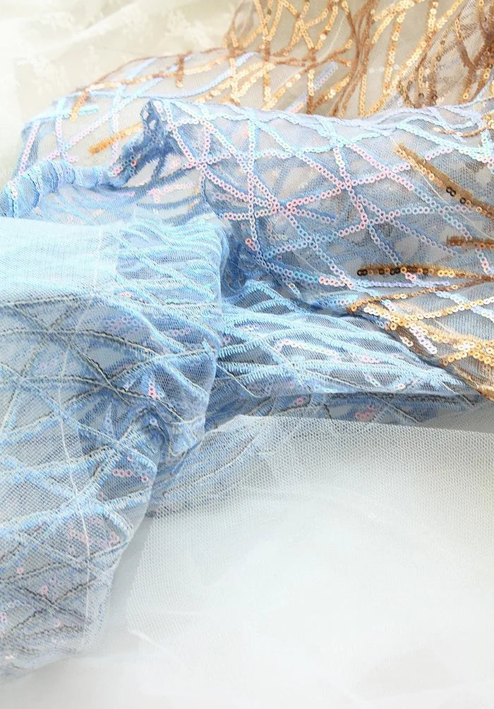 Luxury Handmade Dog Wedding Dress Blue Gold Sequins Embroidered Gradient Color Gown with Shiny Trimmings Pet Skirt