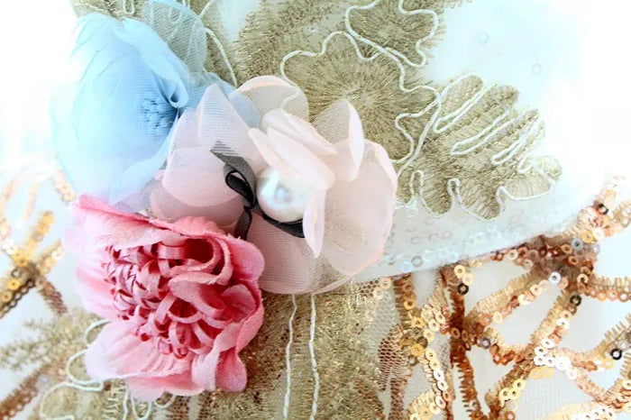 Luxury Handmade Dog Wedding Dress Blue Gold Sequins Embroidered Gradient Color Gown with Shiny Trimmings Pet Skirt