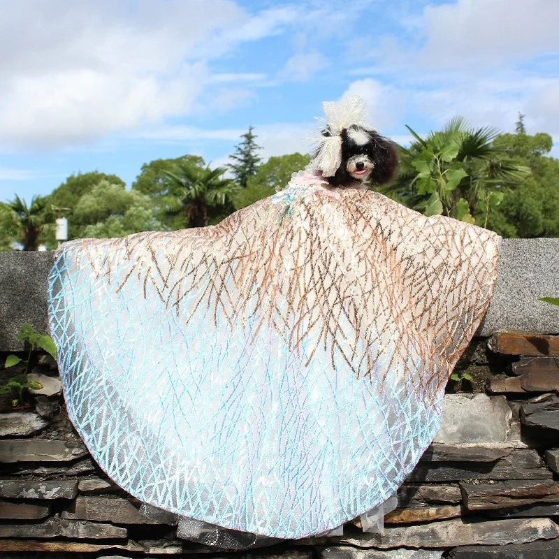 Luxury Handmade Dog Wedding Dress Blue Gold Sequins Embroidered Gradient Color Gown with Shiny Trimmings Pet Skirt