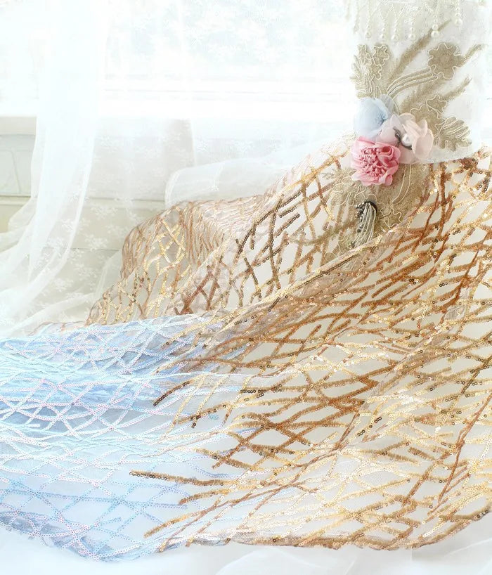 Luxury Handmade Dog Wedding Dress Blue Gold Sequins Embroidered Gradient Color Gown with Shiny Trimmings Pet Skirt