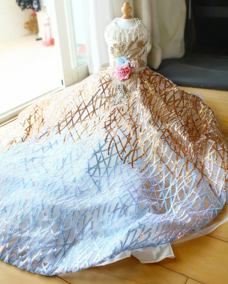 Luxury Handmade Dog Wedding Dress Blue Gold Sequins Embroidered Gradient Color Gown with Shiny Trimmings Pet Skirt
