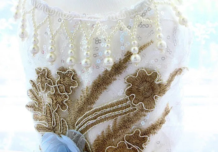 Luxury Handmade Dog Wedding Dress Blue Gold Sequins Embroidered Gradient Color Gown with Shiny Trimmings Pet Skirt