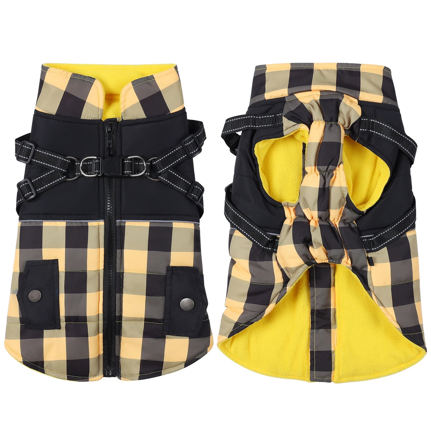 Plaid Thicken Padded Pet Dog Jacket With Harness For Cold Weather Windproof Winter Dog Jacket Coat For Small Medium Large Dog
