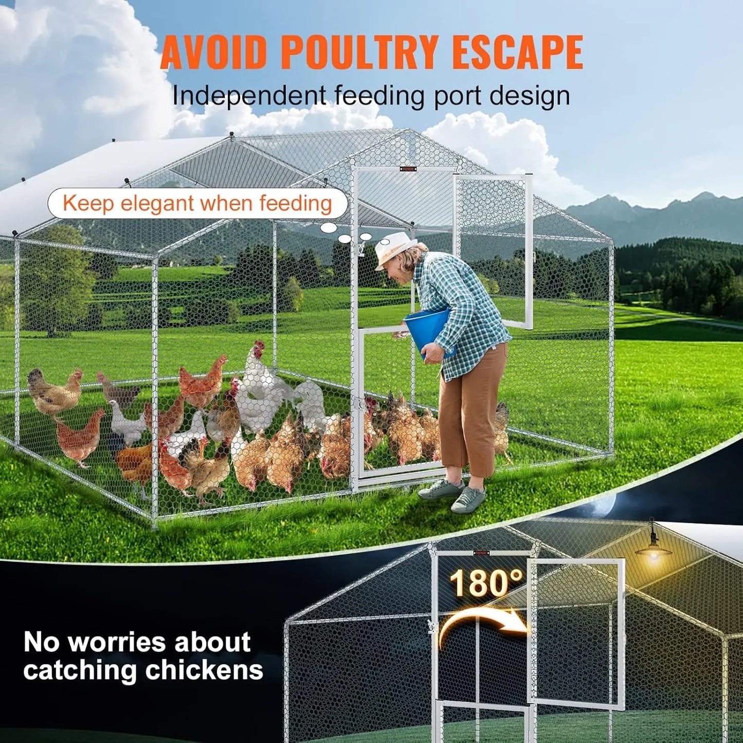 Large Metal Chicken Coop with Run, Walkin Poultry Cage for Yard with Waterproof Cover, 13.1 x 9.8 x 6.4 ft Dome Roof for Hen