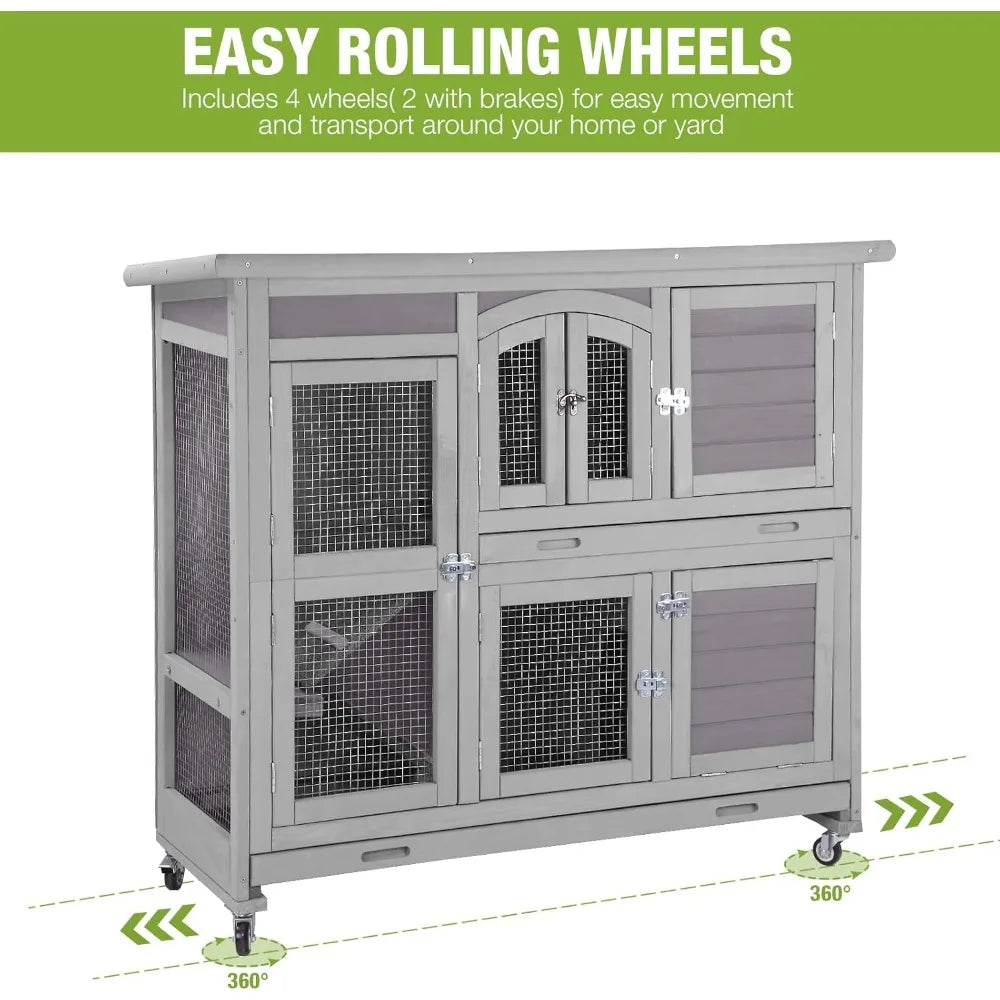 Rabbit Cage, Indoor and Outdoor Rabbit House, Guinea Pig Cage, with Wheels, with Plastic Tray, 47 Inches