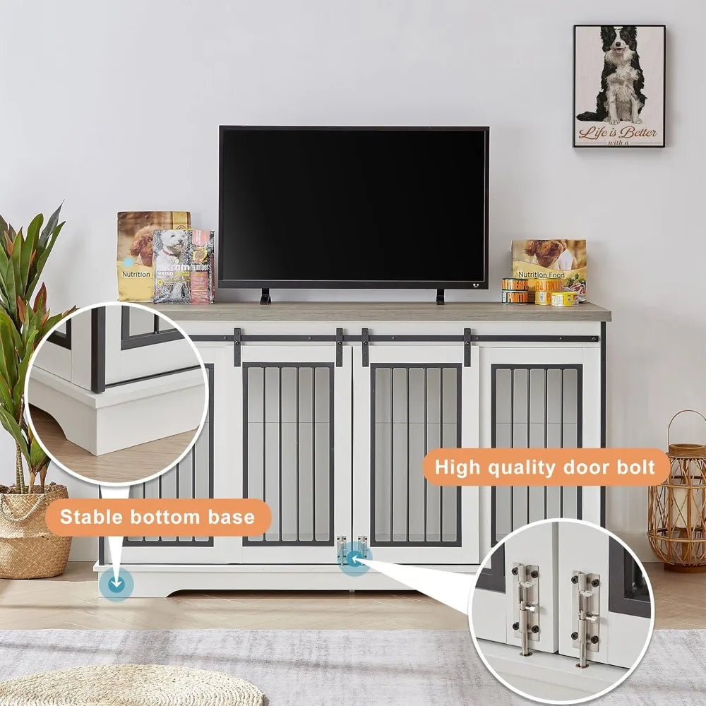 XXL Wooden Dog Crate Furniture with Sliding Barn Door, 60.6" Indoor Kennel with Divider, Modern TV Stand for Large Dog or 2 Medi