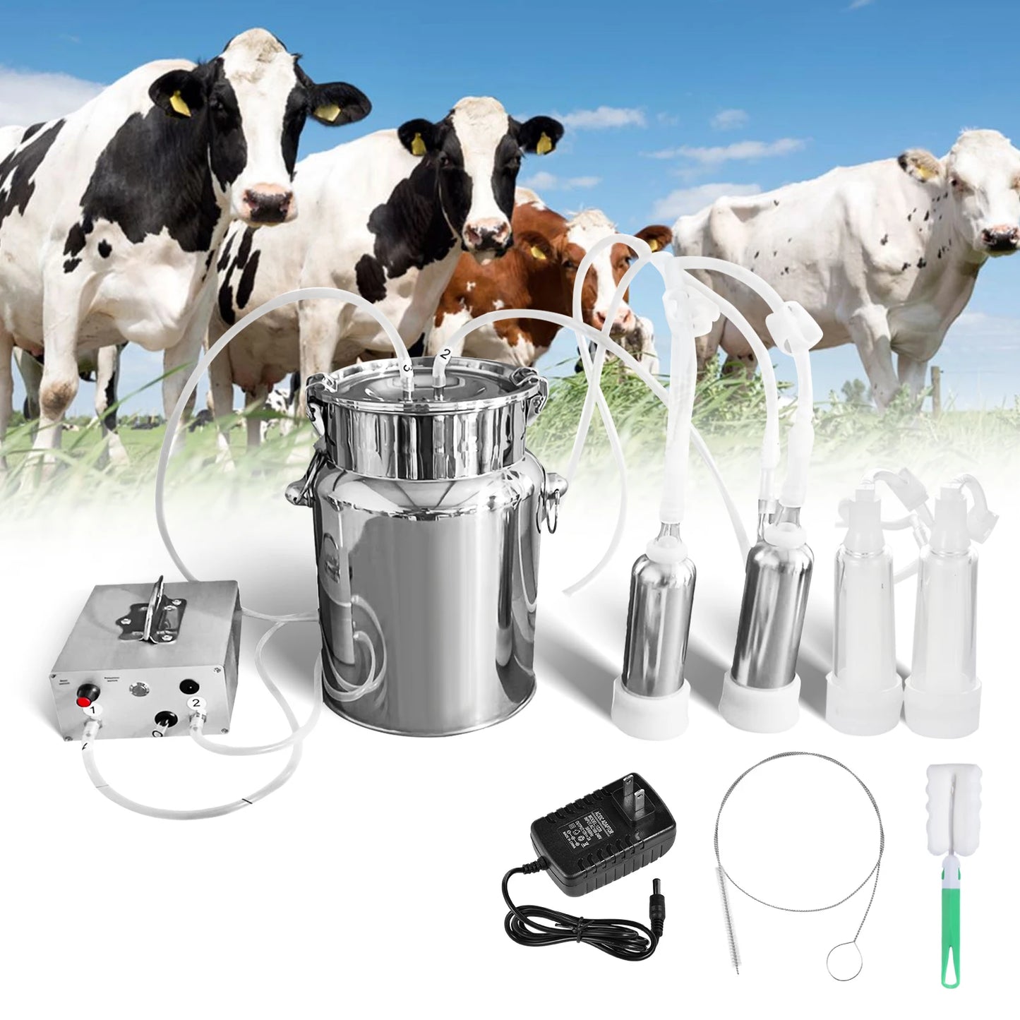 Goat Milker Machine, 14L Adjustable Suction Electric Milker, Cow Milk Machine with Tubes, 2 Teat Cups, Bucket for Homes, Farms