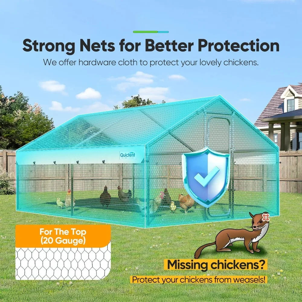 Large Metal Chicken Coop Run, W/Roosting Perch for 20+ Poultry, with Heavy Duty Wire, Mesh and Waterproof Roof Cover