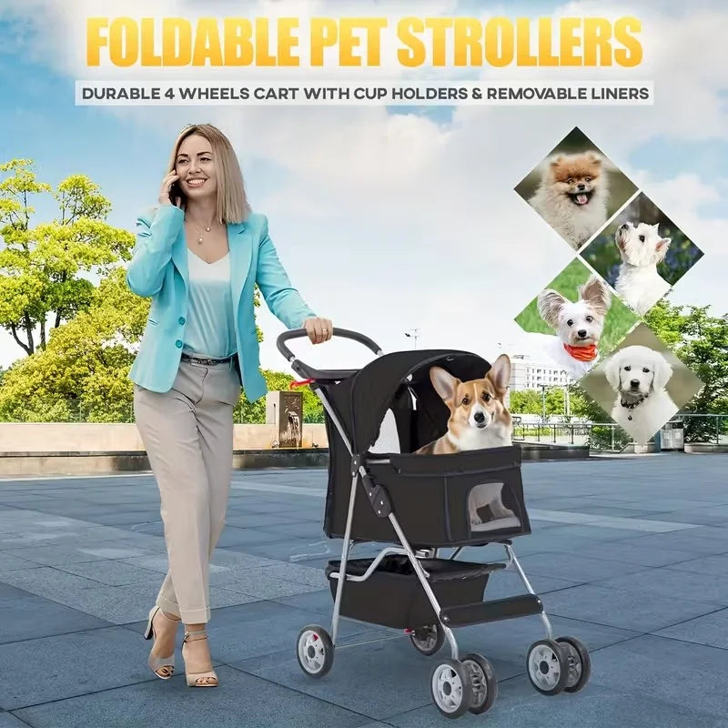 4 Wheels Dog Stroller,Pet Stroller Folding Carrier Waterproof Puppy with Cup Holder & Removable Liner for Small Medium Dogs Cats