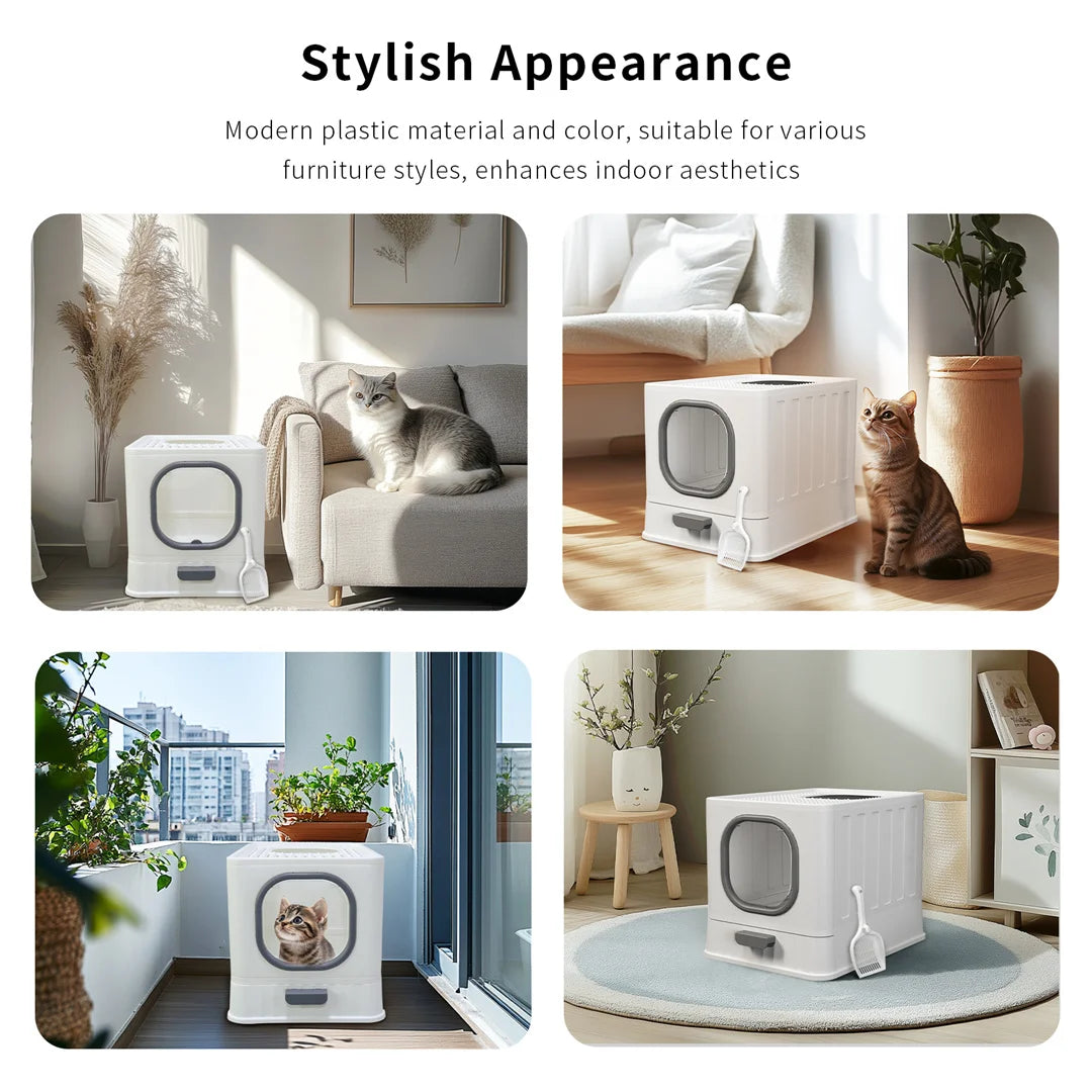 BingoPaw Cat Litter Tray Box: Foldable Top Entry Extra Large Cats Toilet with Lid Kitten Litter Tray Easy Cleaning Drawer Design