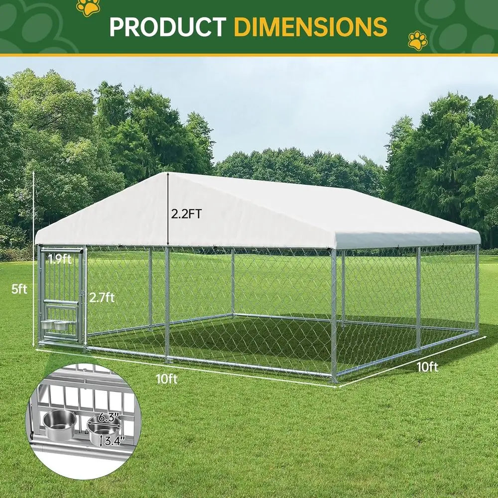 10x10 Ft Outdoor Dog Kennel with Waterproof Cover, Rotating Bowls, Ideal for Backyard Farm Use