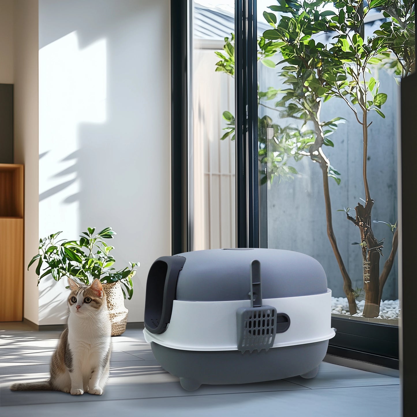 Bingopaw Large Cat Litter Box with Cat Litter Scoop with Lid, Oval Oblong Hooded Front Entry and Exit Leak-Proof Litter Cat Box