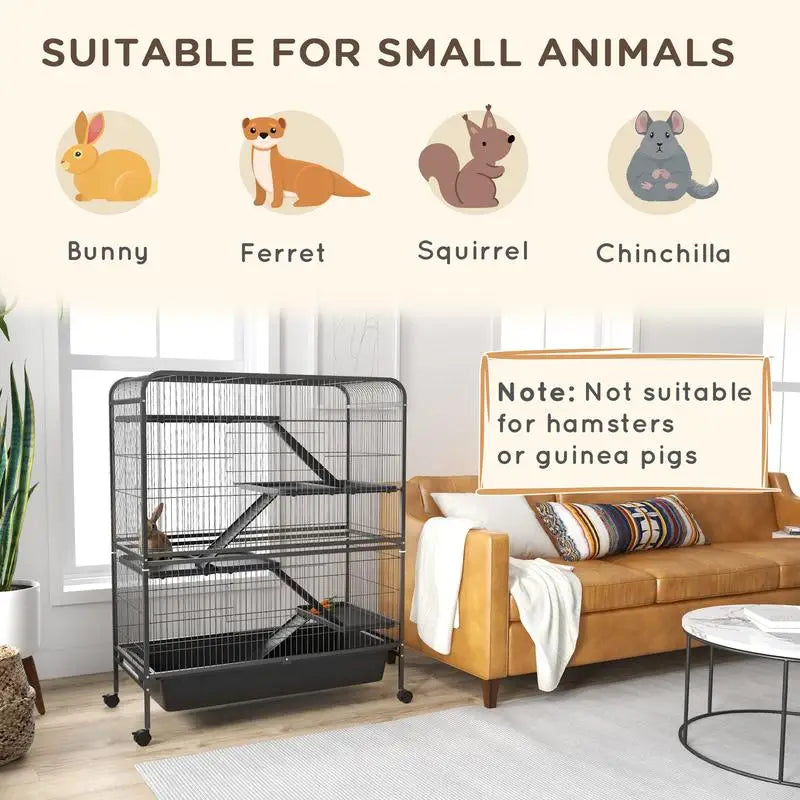 53.5" Small Animal Cage, 5-Level Metal Ferret or Bunny Habitat with Wheels, Removable Tray, 2 Front Doors, Ramps, Gray Color