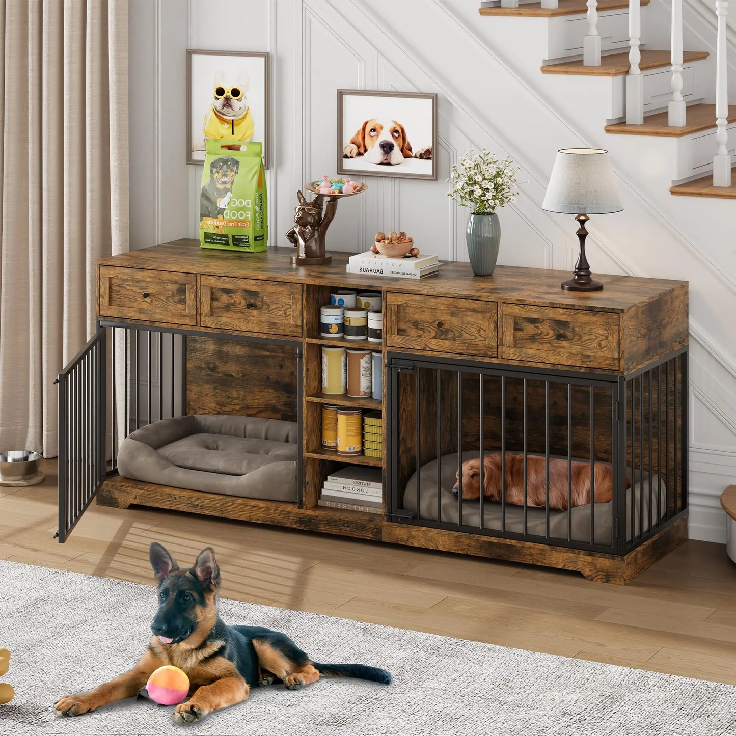 82'' Large Double Dog Crate Furniture TV Stand With 4 Drawers Shelves Heavy Duty Wooden Indoor Kennel For 2 Medium Large Dogs