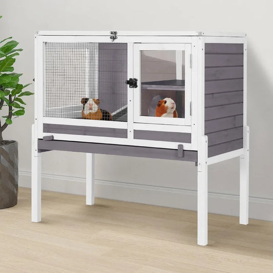 Indoor Guinea Pig Cage Rabbit Hutch with Chew-Proof Ramp 2-Story Wooden Bunny House with Pull-Out Trays Leakproof PVC Layer Sma