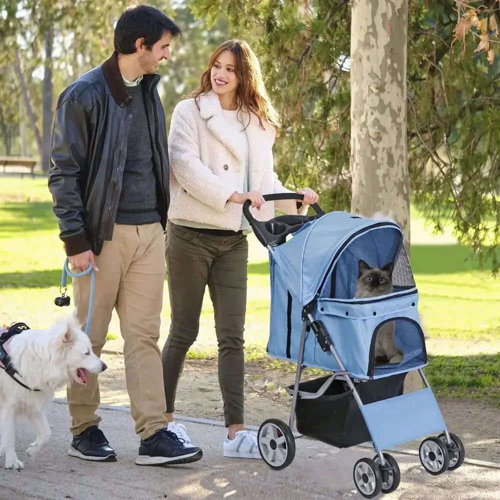 Blue 4 Wheel Pet Stroller for Cat Dog Foldable Carrier Jogger Travel with Basket