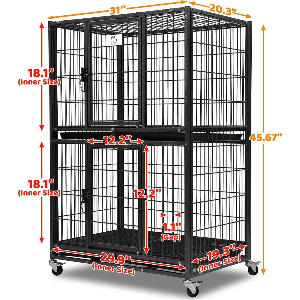 31 Inch Stackable Heavy Duty Dog Crate Cage Kennel with Four Lockable Wheels, Removable Tray, Escape Proof Wire Drop Dog Crates