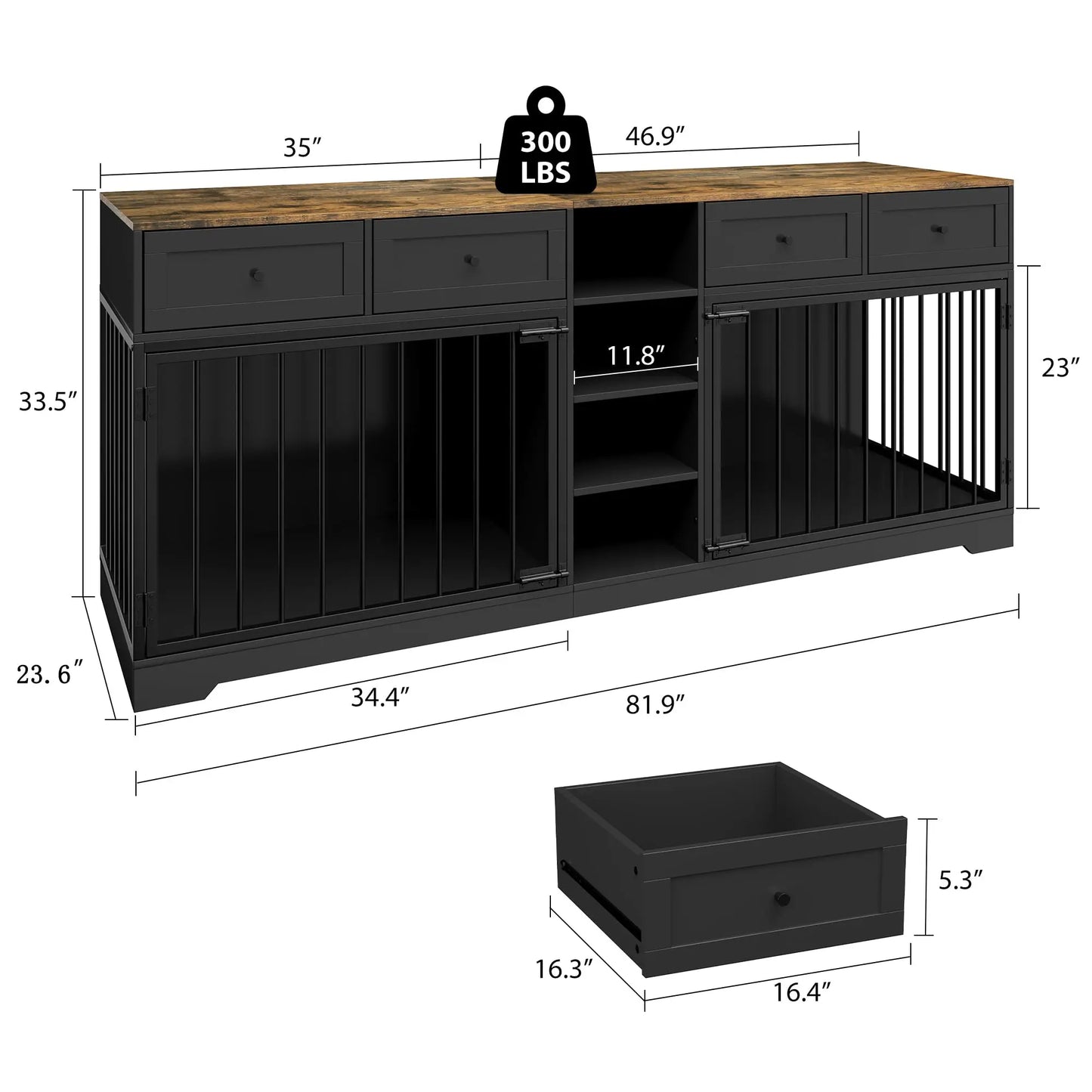 82'' Large Double Dog Crate Furniture TV Stand With 4 Drawers Shelves Heavy Duty Wooden Indoor Kennel For 2 Medium Large Dogs