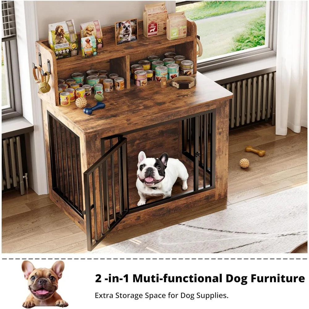Dog Crate Furniture, 33.4 inches Wooden Small Dog Crate with Storage and 4 Hooks, Heavy Duty Pet Crate for Small Dog, Decorativ