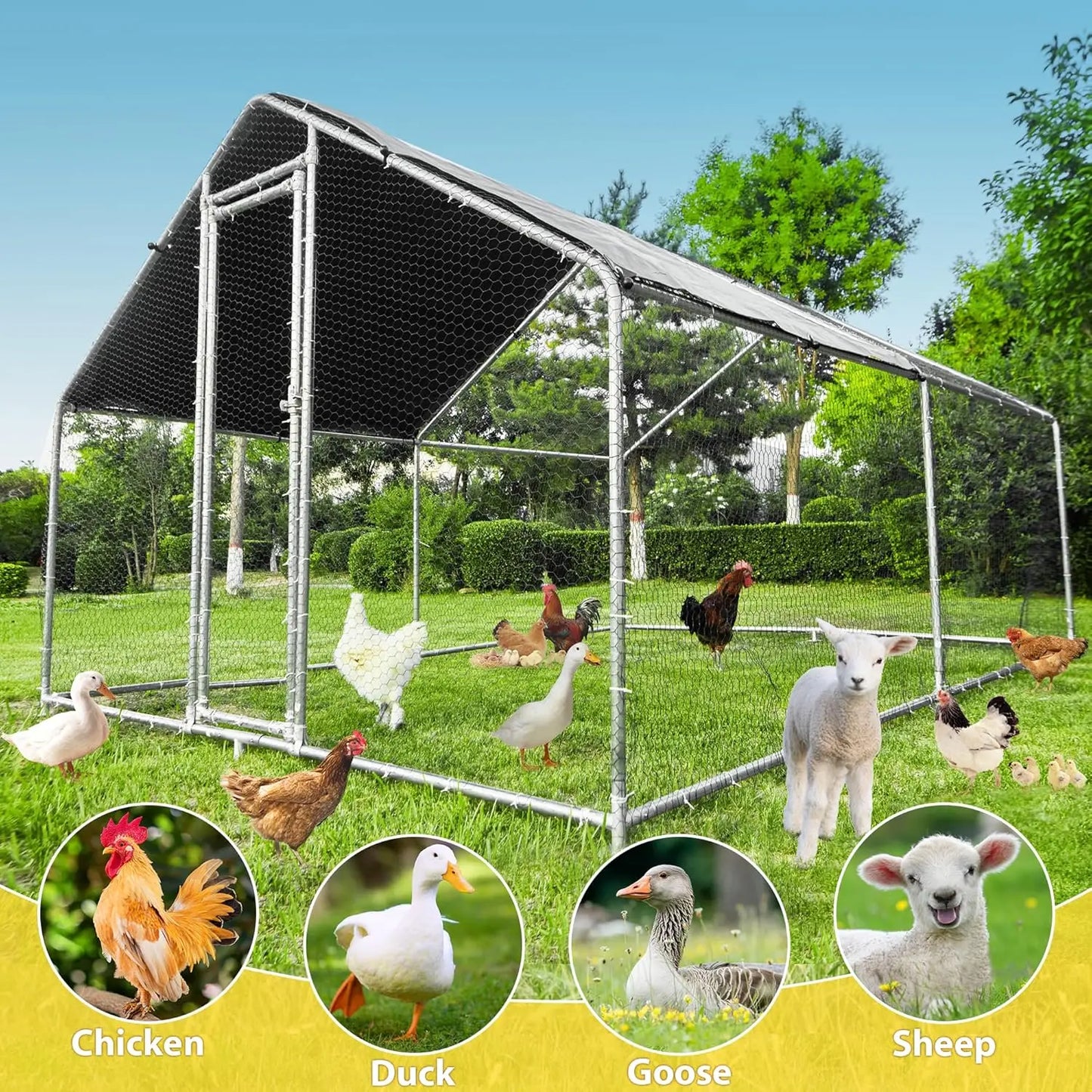 Large Metal Chicken Coop, Chicken Runs for Yard with Cover Walk-in Poultry Cage for 10 20 Chickens, Chicken Pen Duck Coop with W