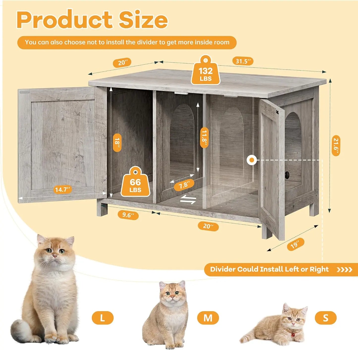 Hidden Cat Litter Box Enclosure with Removable Divider, Grey Furniture for Indoor Cats