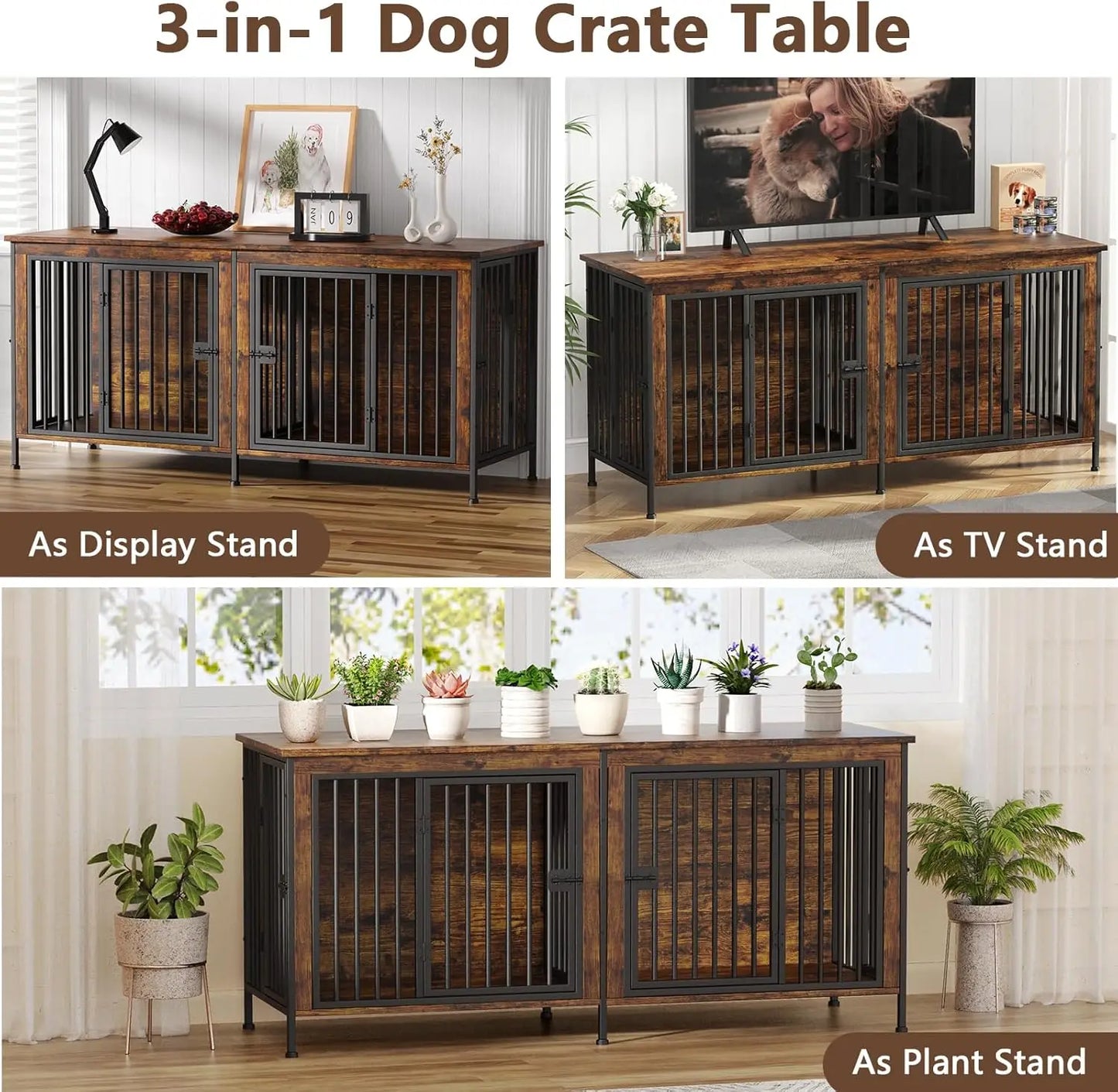 Heavy Duty Dog Crate Furniture for Small to Large Dogs, Indoor Kennel as TV Stand, Brown 78.74" L